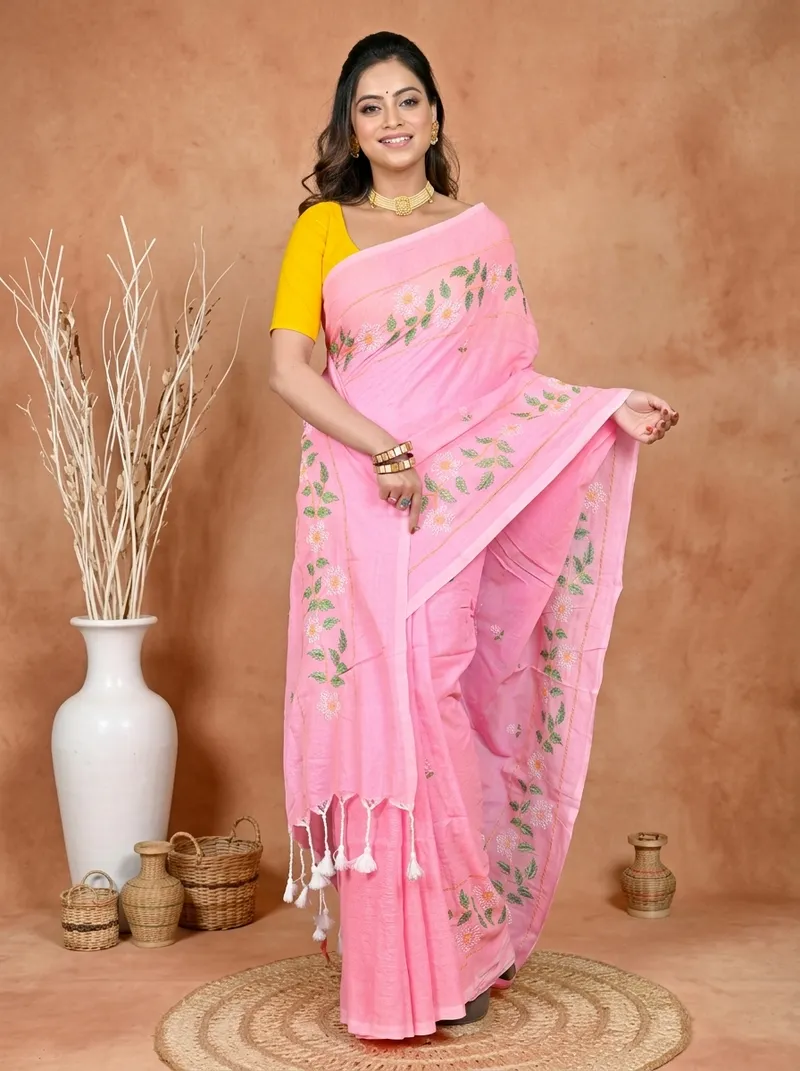 DipDiya Cotton Blended Pink Paraya Classic Grace Embroidery Handloom sarees
