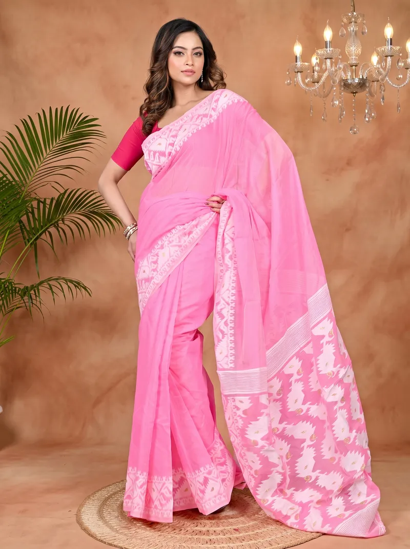 DipDiya Cotton Blended Pink White Parv Heritage You Can Wear Jamdani Sarees