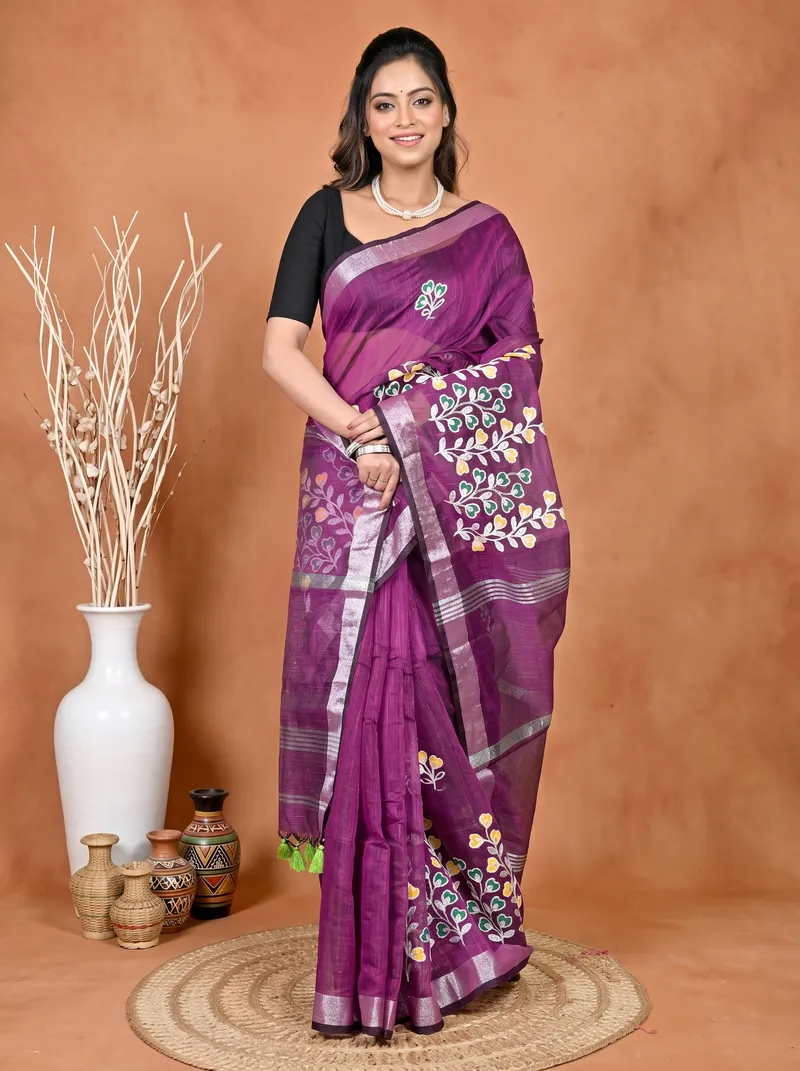 DipDiya Cotton Blended Purple Paroni Woven with Tradition Embroidery Handloom sarees