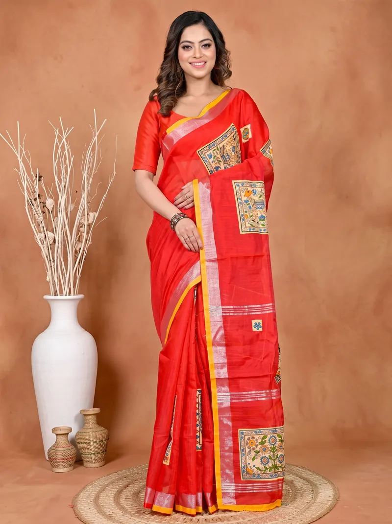 DipDiya Cotton Blended Red Parija Heritage You Can Wear Applique Sarees