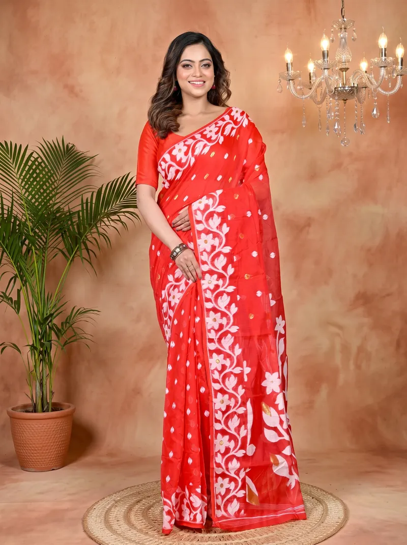 DipDiya Cotton Blended Red Parinit Woven with Love Jamdani Sarees