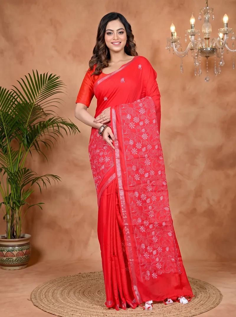 DipDiya Cotton Blended Red Paru Crafted by Artisans Handloom Sarees