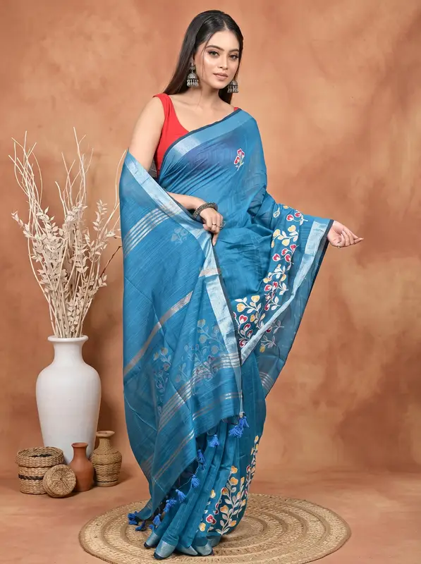 DipDiya Cotton Blended Sky Blue Paroni Heritage of Bengali Embroidery Handloom sarees