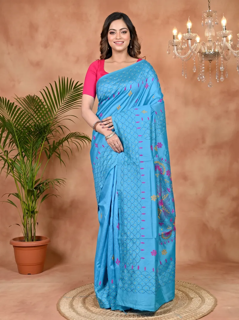 DipDiya Cotton Blended Sky Blue Soumika Elegance in Every Weave Kantha Stitch Sarees