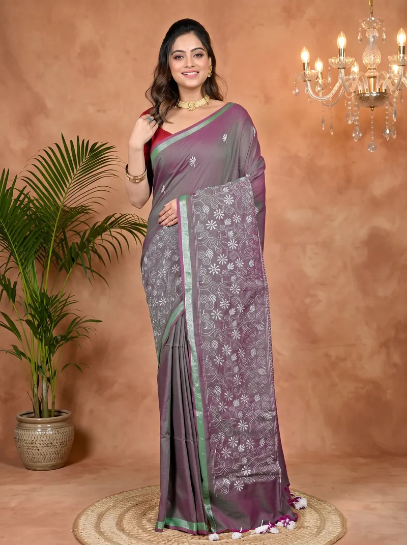 DipDiya Cotton Blended Smoke Grey Paru Classic Grace Handloom Sarees