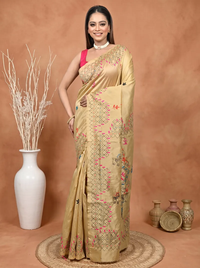 DipDiya Cotton Blended  Traditional Bengali Light Brown Artisan Crafted Soumika Kantha Stitch Saree