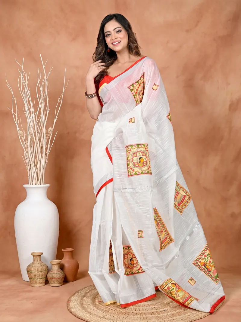 DipDiya Cotton Blended White Parija Masterfully Woven Applique Sarees