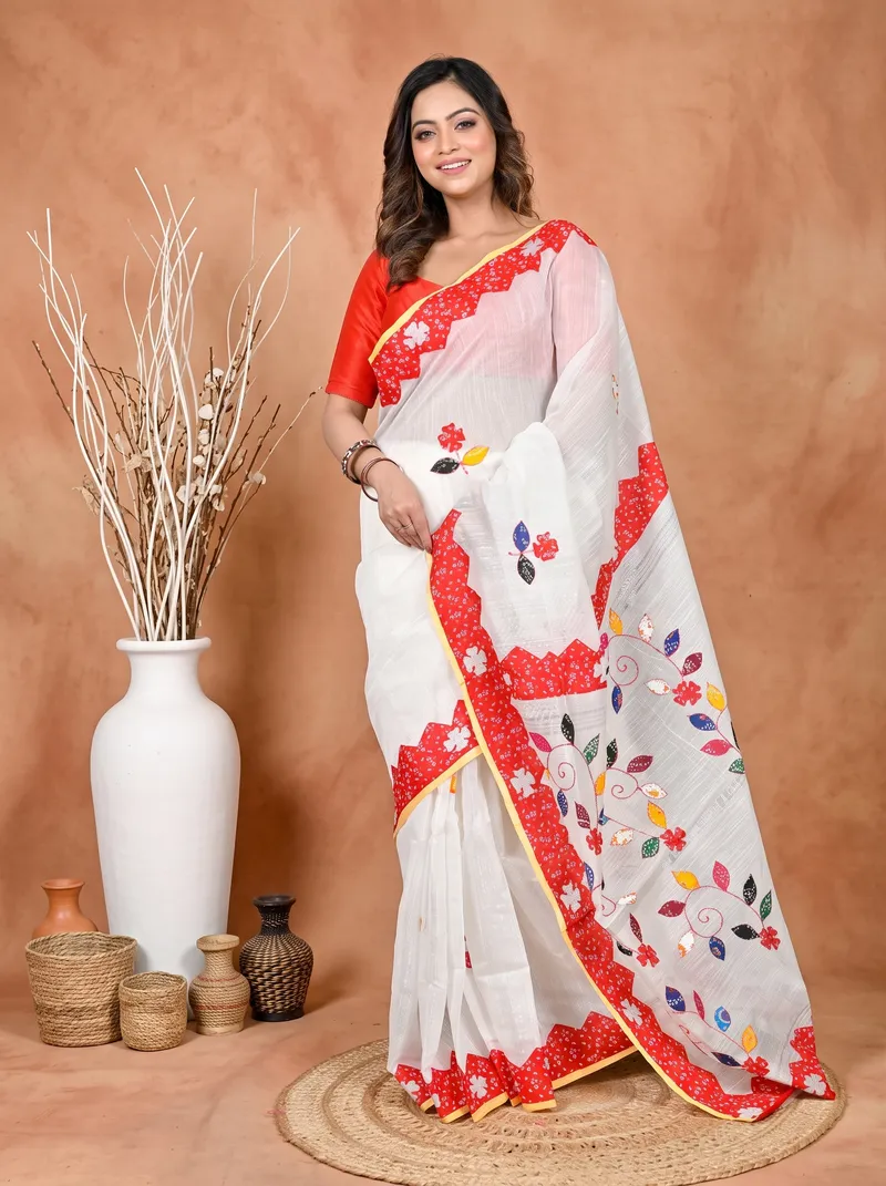 DipDiya Cotton Blended White Parik Rooted in Bengal Applique Sarees