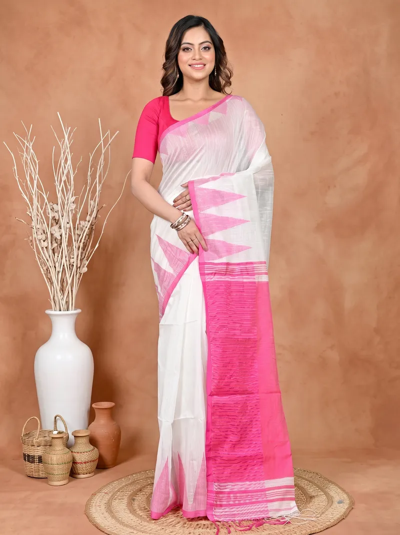 DipDiya Cotton Blended White Pariva Bengal’s Legacy Handloom Sarees