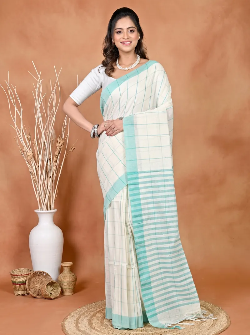 DipDiya Cotton Blended White Parodhi Regal Bengali Handloom Sarees