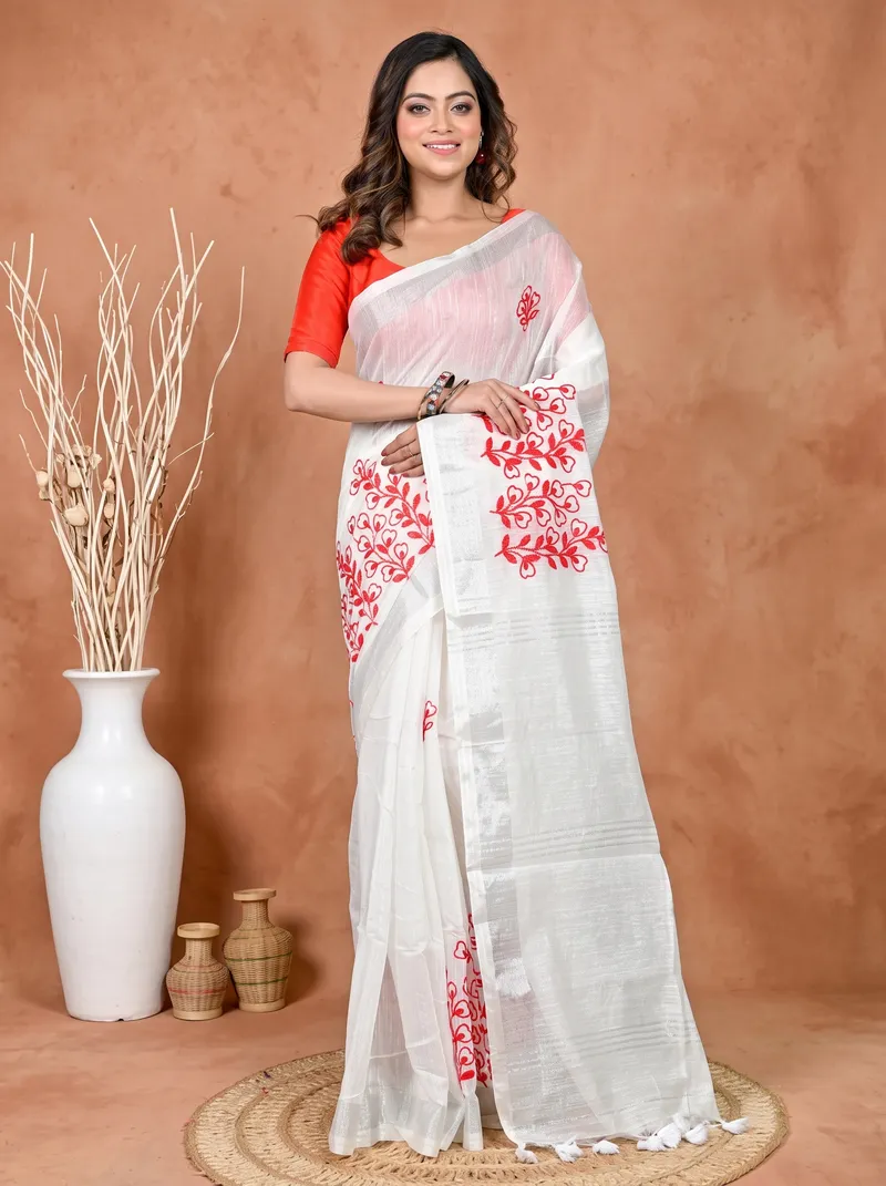 DipDiya Cotton Blended White Paroni Weaves with a Story Embroidery Handloom sarees