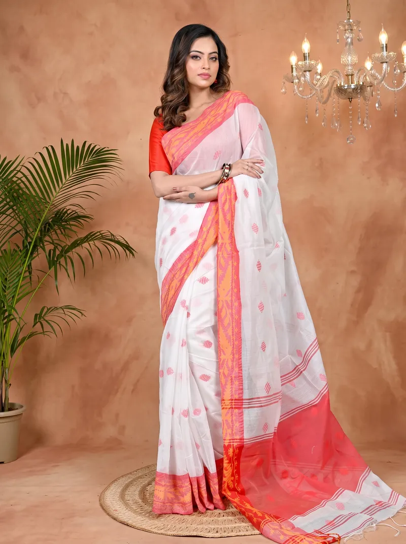 DipDiya Cotton Blended White Red Parul Crafted by Artisans Handloom Sarees