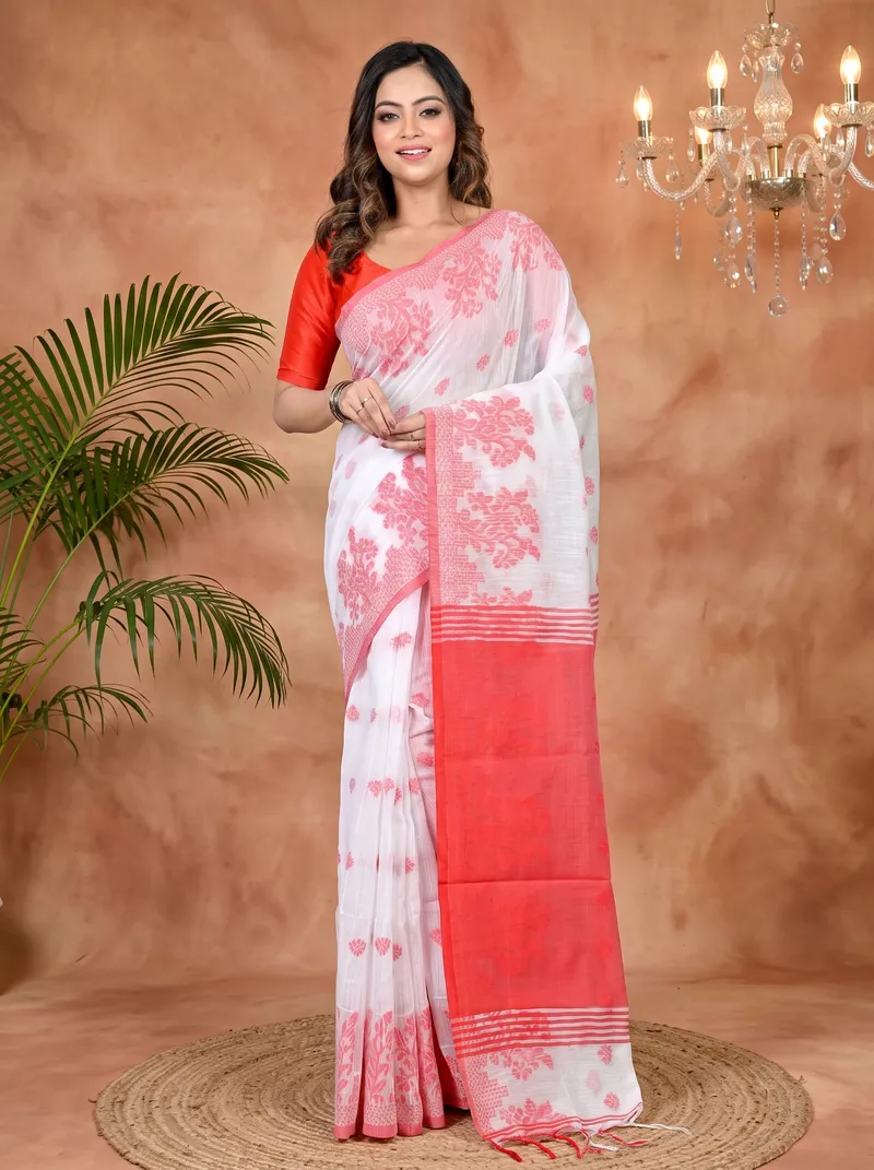 DipDiya Cotton Blended White Red Parup Essence of Bengal Handloom Sarees