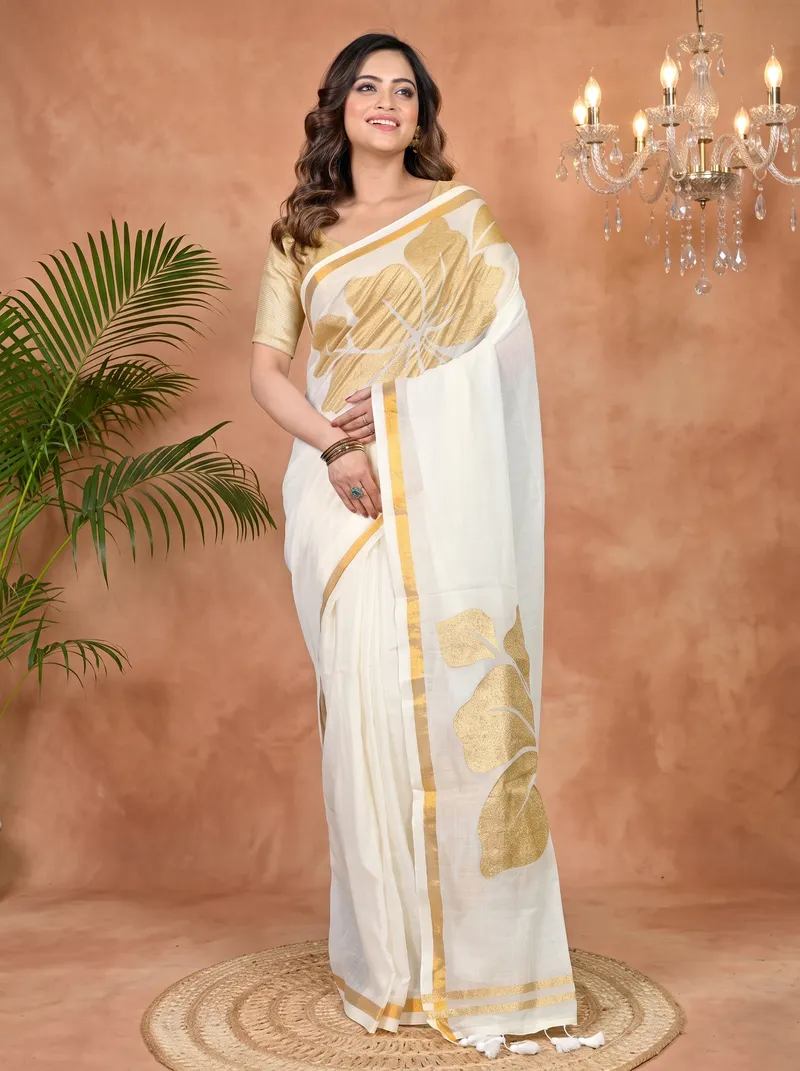 DipDiya Cotton Blended White Soura Grace of Bengal Printed Handloom Sarees