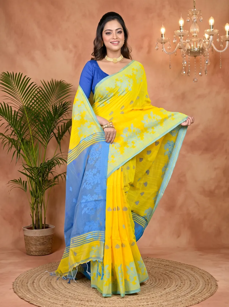 DipDiya Cotton Blended Yellow Blue Parup Handcrafted Elegance Handloom Sarees