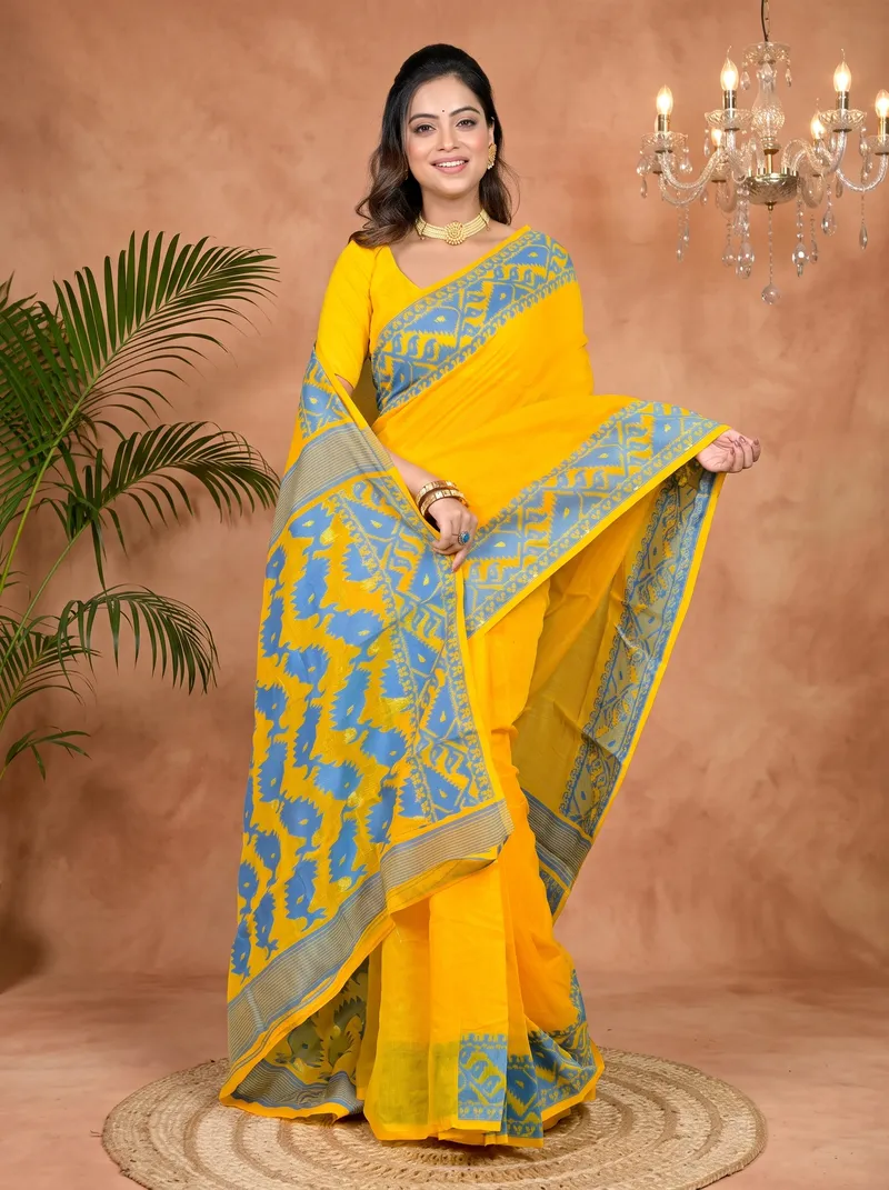 DipDiya Cotton Blended Yellow Blue Parv Masterfully Woven Jamdani Sarees