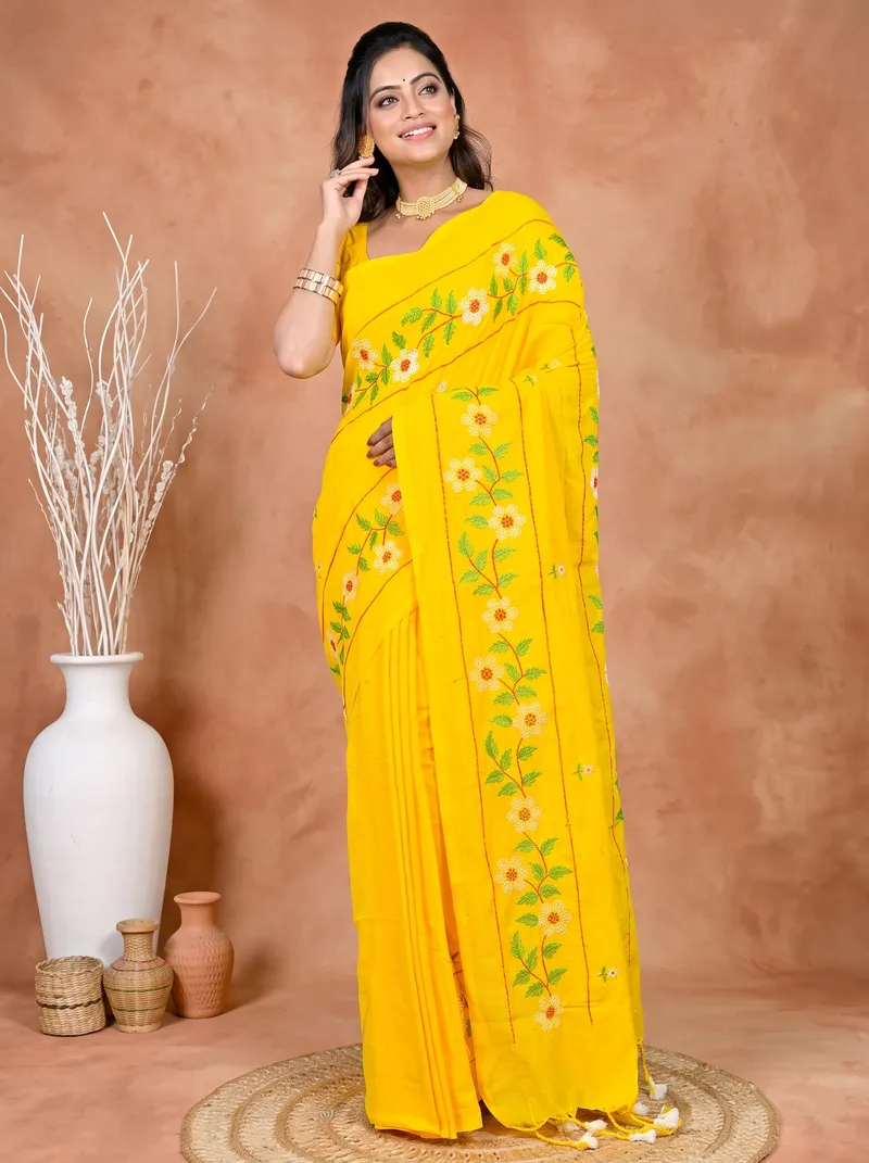 DipDiya Cotton Blended Yellow Paraya Classic Bengali Embroidery Handloom sarees