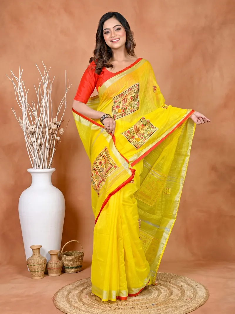 DipDiya Cotton Blended Yellow Parija Loom to Love Applique Sarees