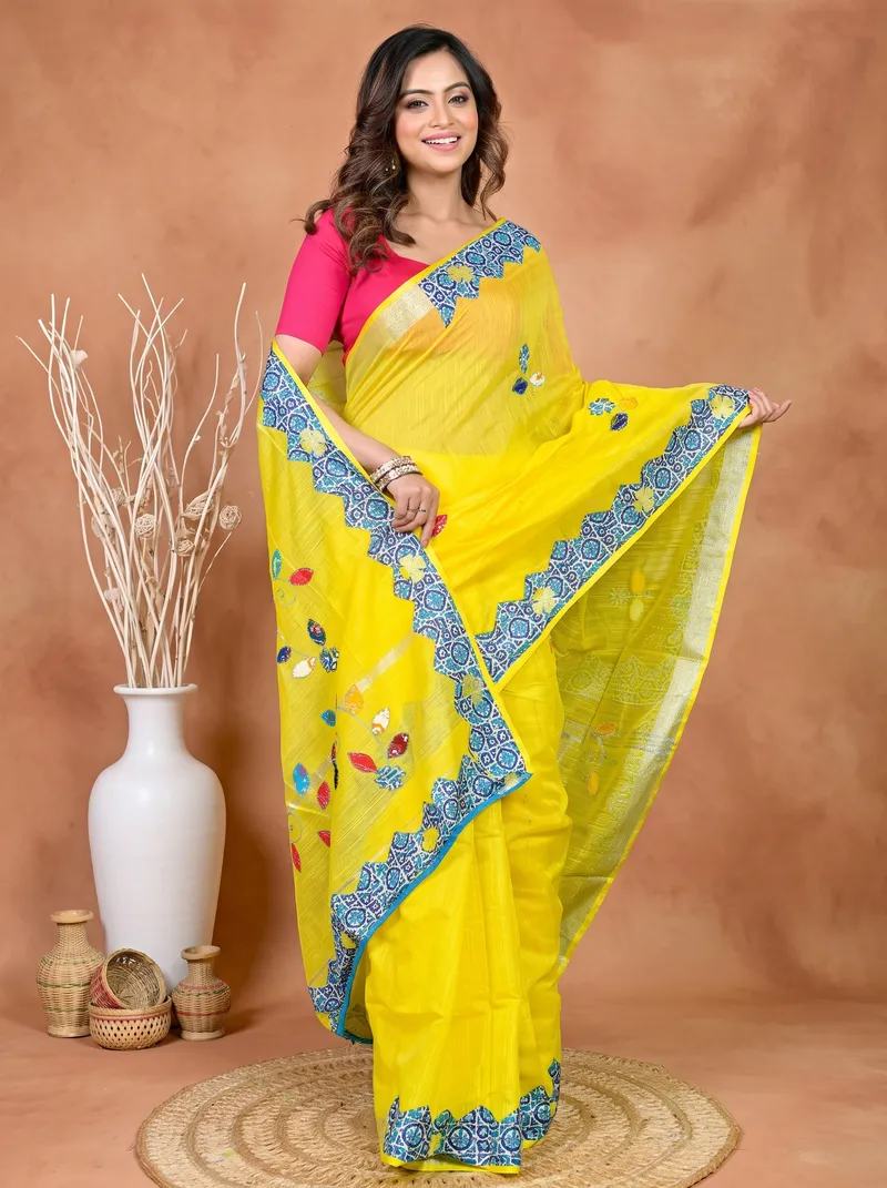 DipDiya Cotton Blended Yellow Parik Threads of Tradition Applique Sarees
