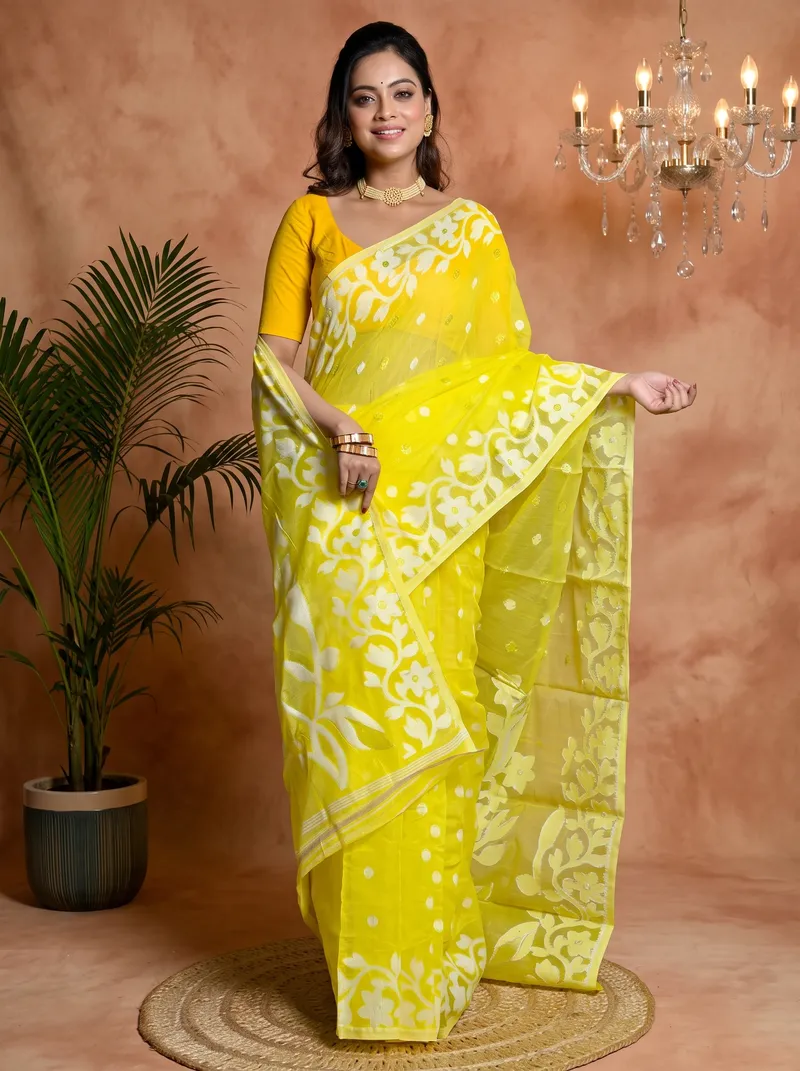DipDiya Cotton Blended Yellow Parinit A Legacy Woven Jamdani Sarees