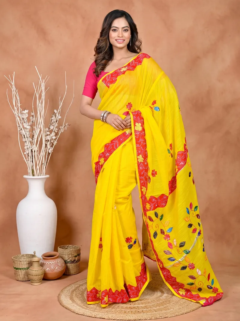 DipDiya Cotton Blended Yellow Red Parik The Bengali Classic Applique Sarees