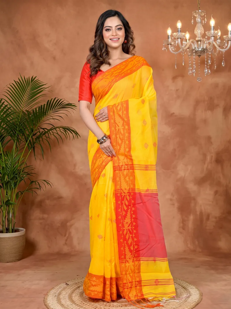DipDiya Cotton Blended Yellow Red Parul Crafted with Soul Handloom Sarees