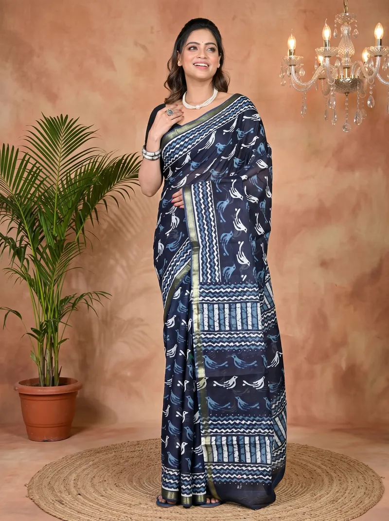 DipDiya Cotton Blue White Soumava Crafted in Bengal Printed Handloom Sarees
