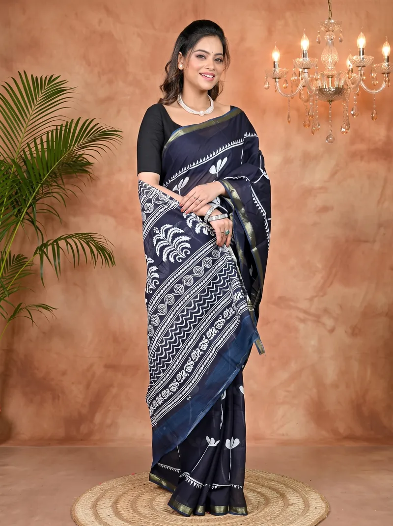 DipDiya Cotton Blue Whitre Soumava Classic Grace Printed Handloom Sarees