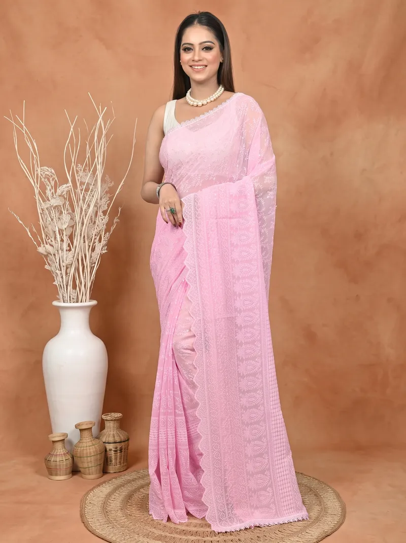 DipDiya Cotton Chikankari  Traditional Bengali Baby Pink Artisan Crafted Parmon Chikankari Saree