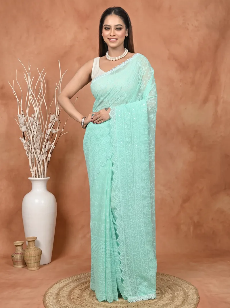 DipDiya Cotton Chikankari  Traditional Bengali Mint Green Artisan Crafted Parmon Chikankari Saree