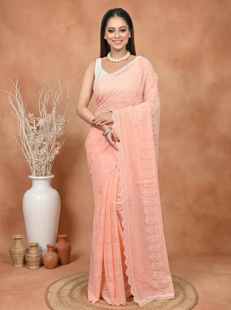 DipDiya Cotton Chikankari  Traditional Bengali Peach Artisan Crafted Parmon Chikankari Saree