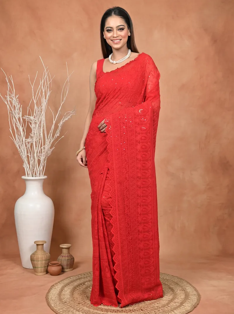 DipDiya Cotton Chikankari  Traditional Bengali Red Artisan Crafted Parmon Chikankari Saree