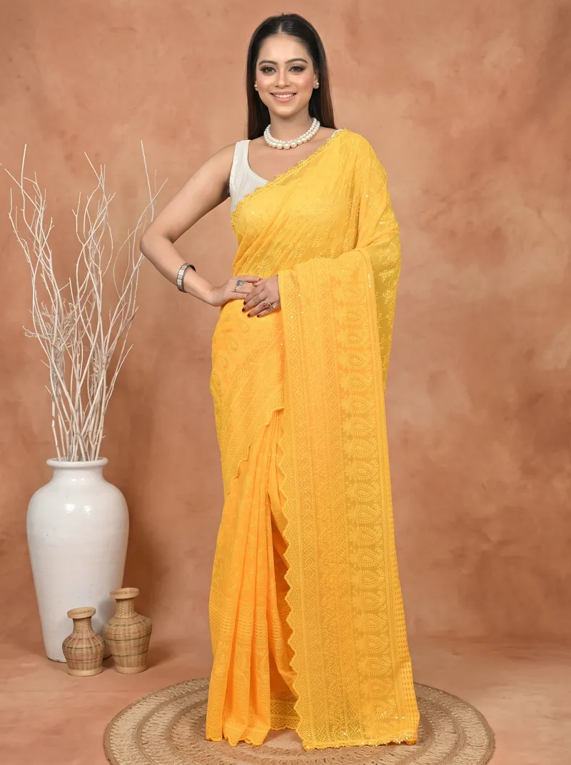 DipDiya Cotton Chikankari  Traditional Bengali Yellow Artisan Crafted Parmon Chikankari Saree
