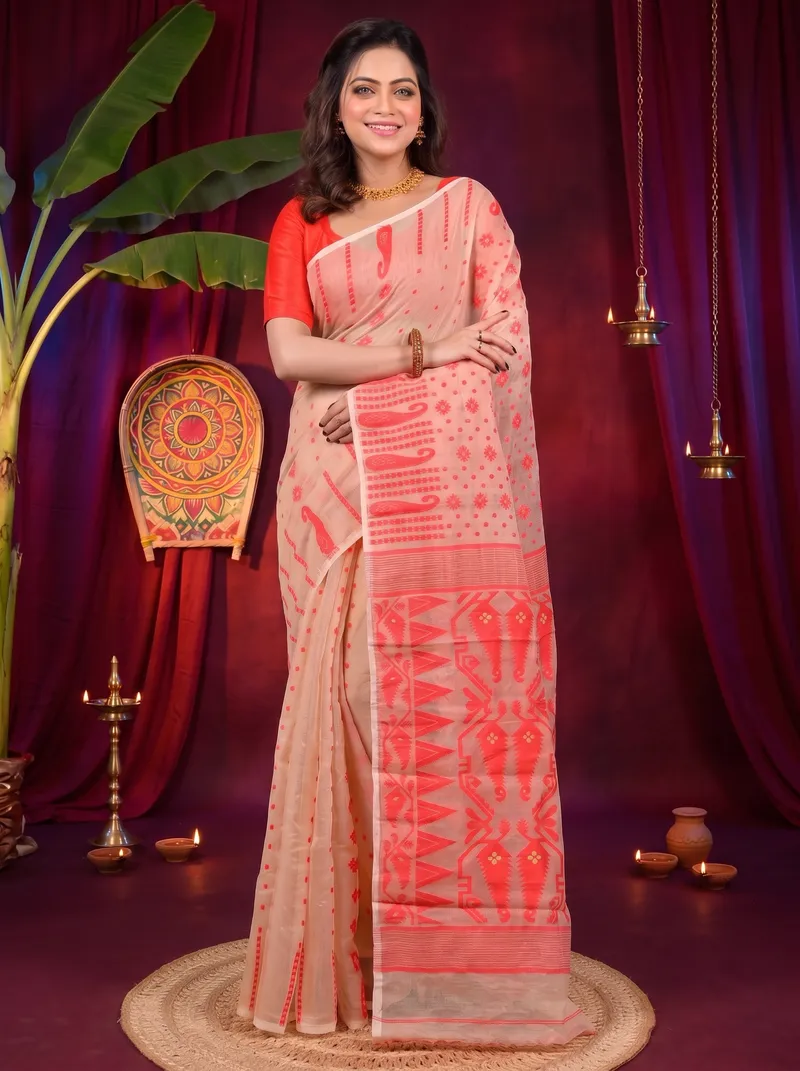 DipDiya Cotton Cream Folai Essence of Bengal Jamdani Sarees