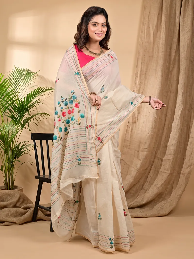 DipDiya Cotton Cream Varitikath A Legacy Woven Kantha Stitch Sarees