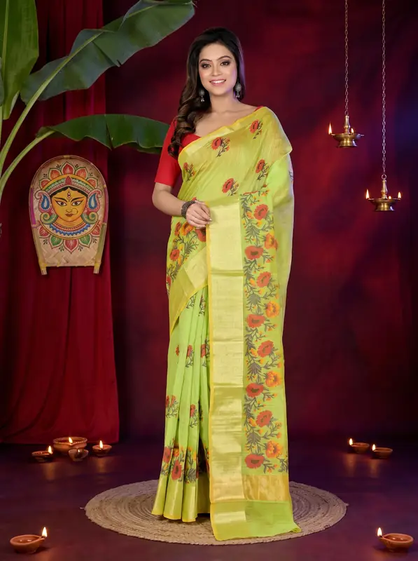 DipDiya Cotton Green Narme Pure Bengali Grace Printed Handloom Sarees
