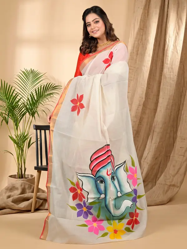 DipDiya Cotton Multi Color Hataka Bengali Heritage Hand Painted Sarees