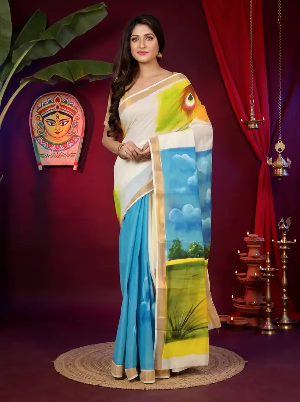 DipDiya Cotton Multi Color Hataka Bengali Heritages Hand Painted Sarees