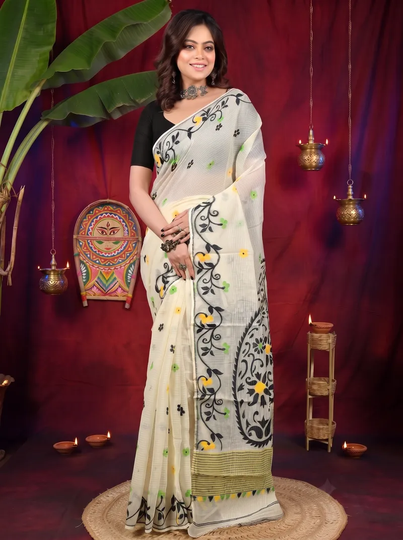 DipDiya Cotton Off white Black Fivani Bengal in Every Thread Jamdani Sarees