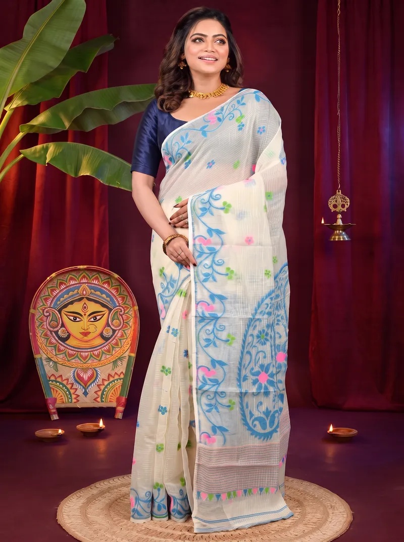 DipDiya Cotton Off White Blue Fivani Bengal’s Tradition Jamdani Sarees