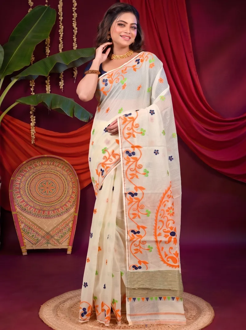 DipDiya Cotton Off White Orange Fivani Bengali Heritage Jamdani Sarees