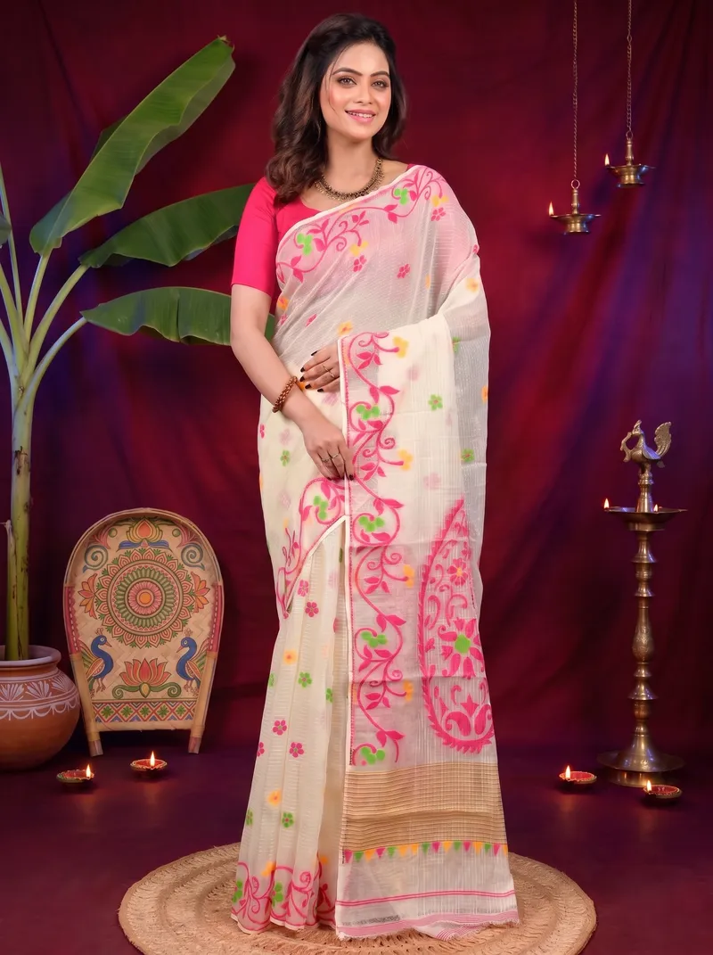 DipDiya Cotton Off White Pink Fivani Classic Bengali Jamdani Sarees