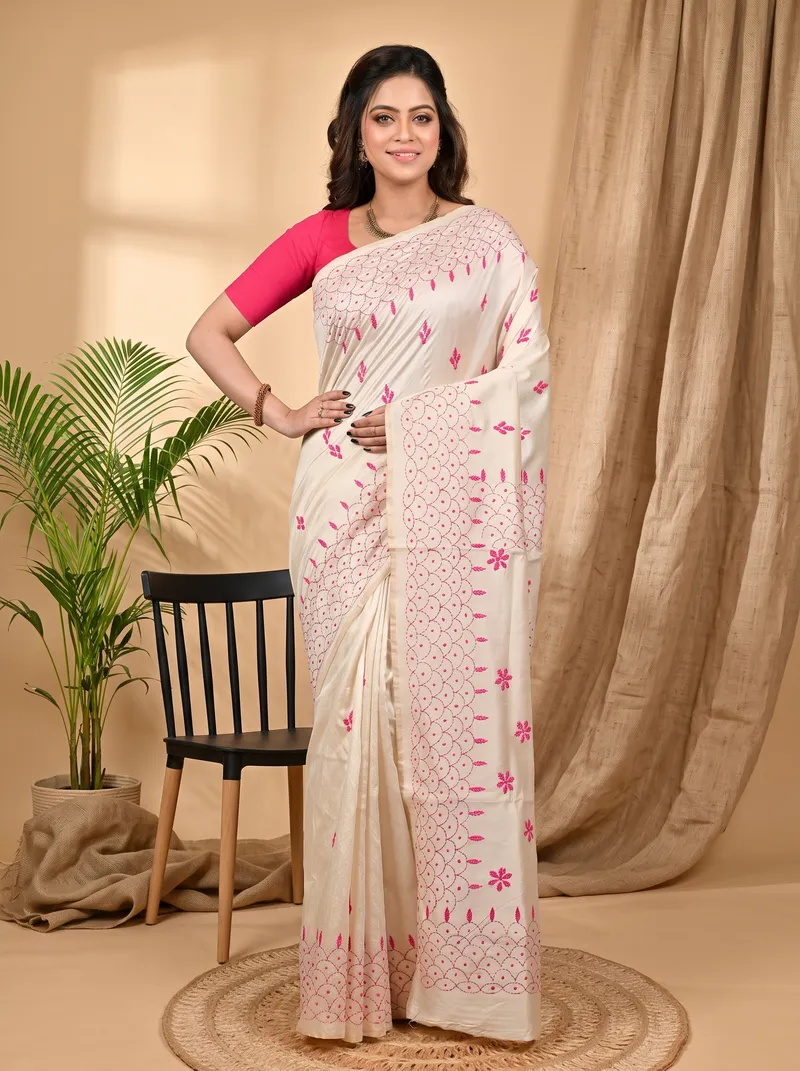 DipDiya Cotton Off White Pink Varitikath Traditional Bengali Kantha Stitch Sarees