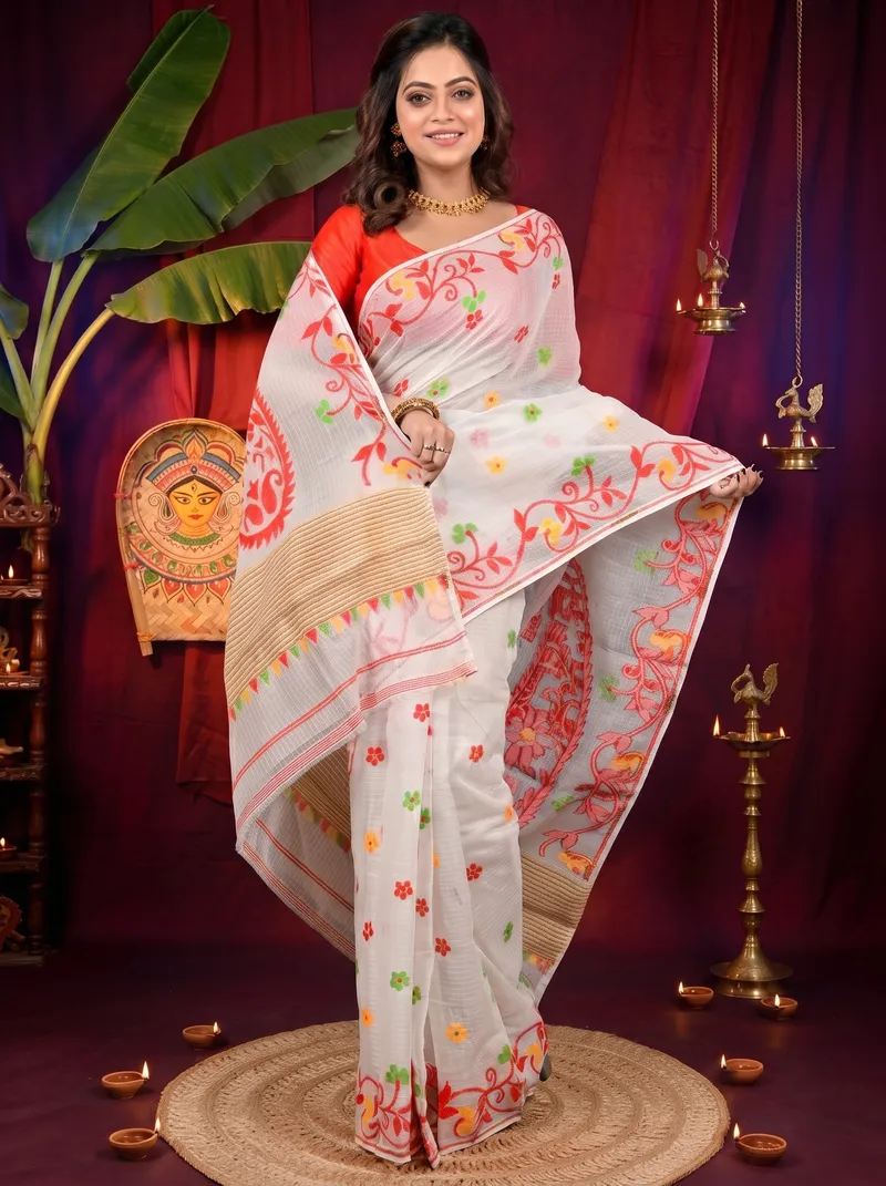 DipDiya Cotton Off White Red Fivani Bengal’s Legacy Jamdani Sarees