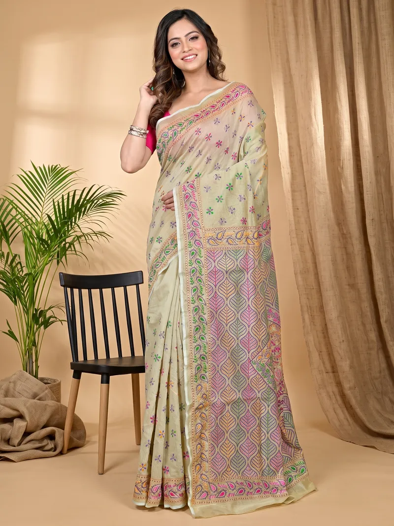 DipDiya Cotton Off-White Varitikath Elegance in Every Weave Kantha Stitch Sarees