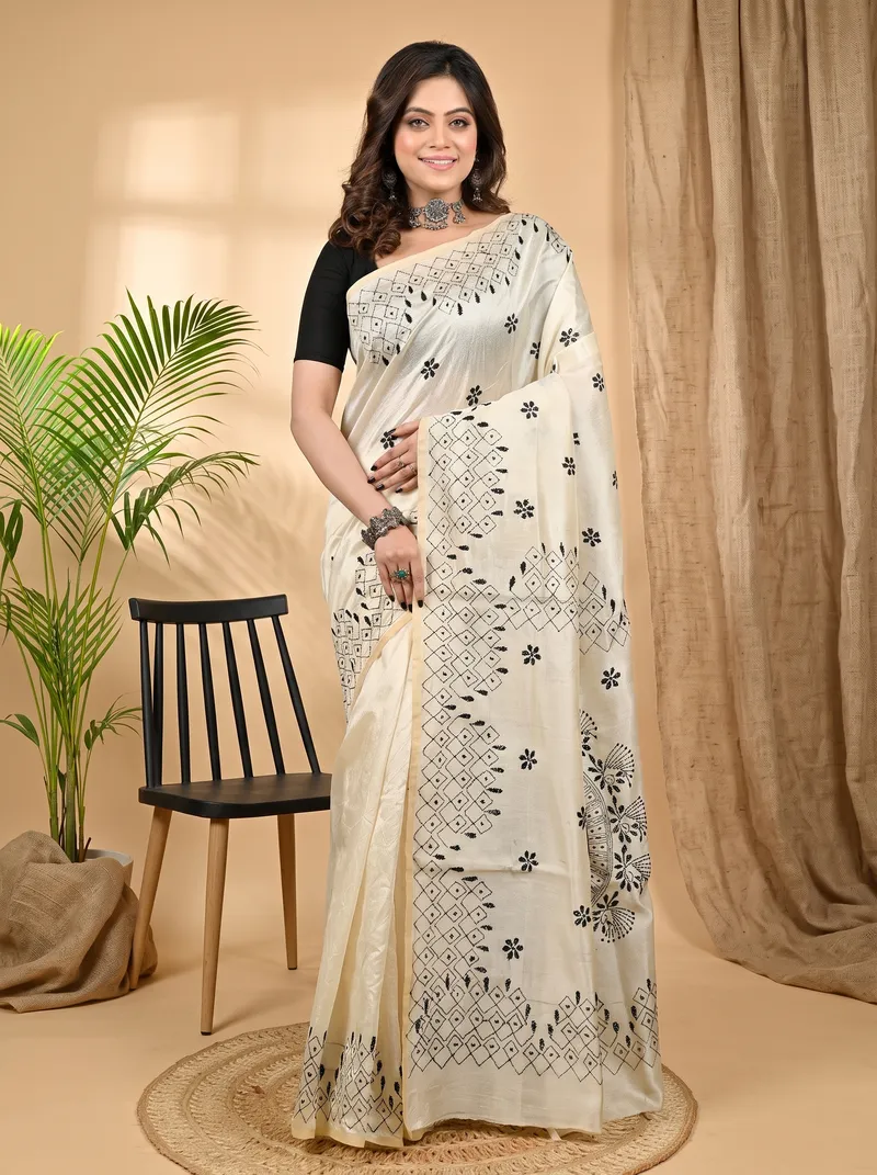 DipDiya Cotton Off White Varitikath Woven by Hand Kantha Stitch Sarees