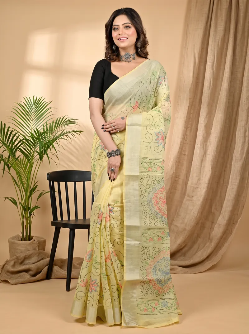 DipDiya Cotton Off Whnite Varitikath Weaves with a Story Kantha Stitch Sarees