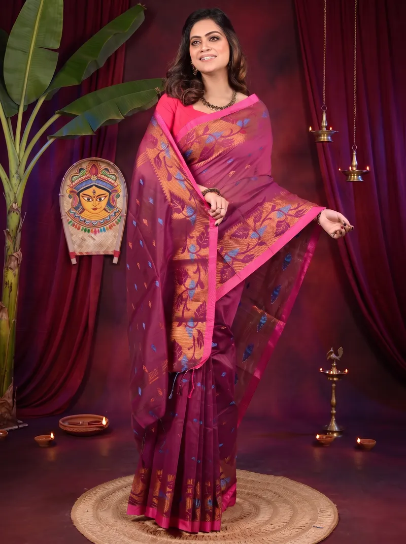 DipDiya Cotton Purpel Dipani Pure Bengali Grace Handloom Sarees
