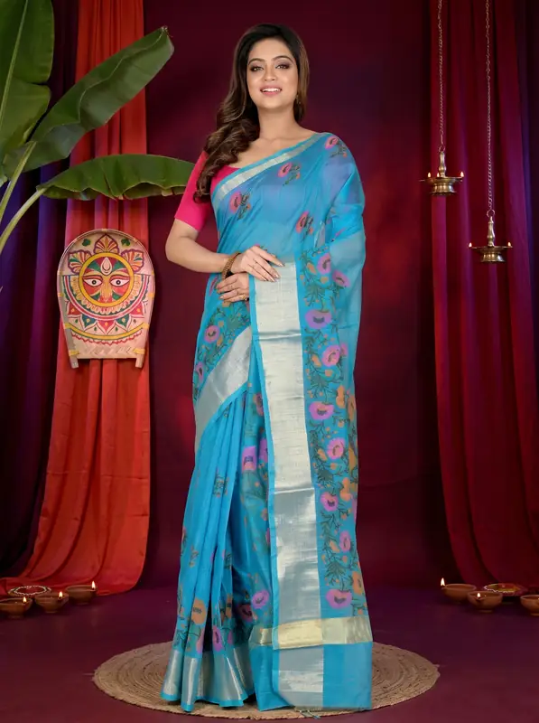 DipDiya Cotton See Blue Narme Stories of Bengal Printed Handloom Sarees