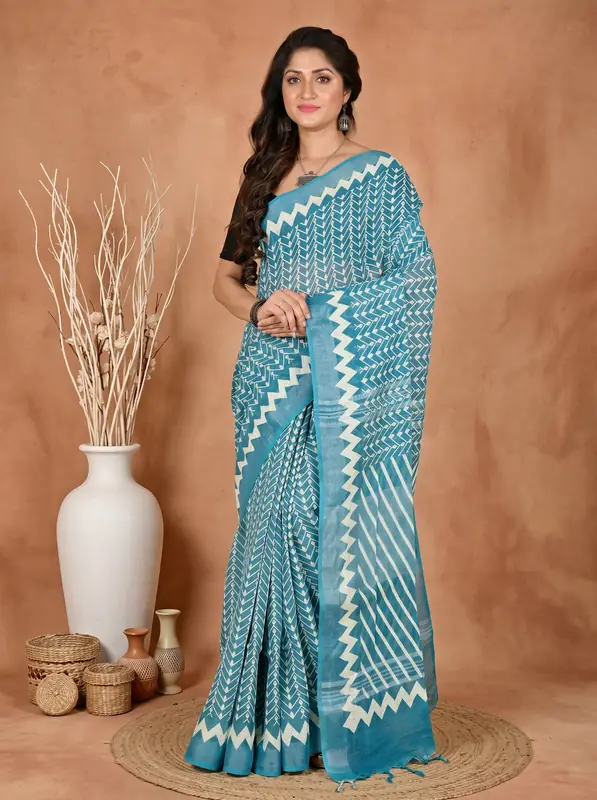 DipDiya Cotton See Blue Sebai Classic Grace Batik Print Sarees